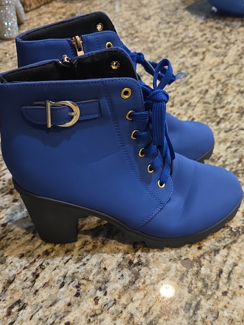 Blue Lace-Up Heeled Ankle Boots with Buckle Detail